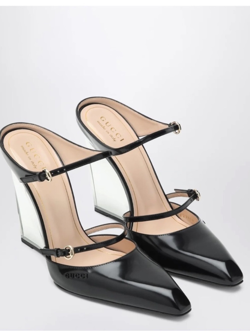 Gucci Black Patent Leather Pointed Mary-Jane Mules with Clear Block Heel
